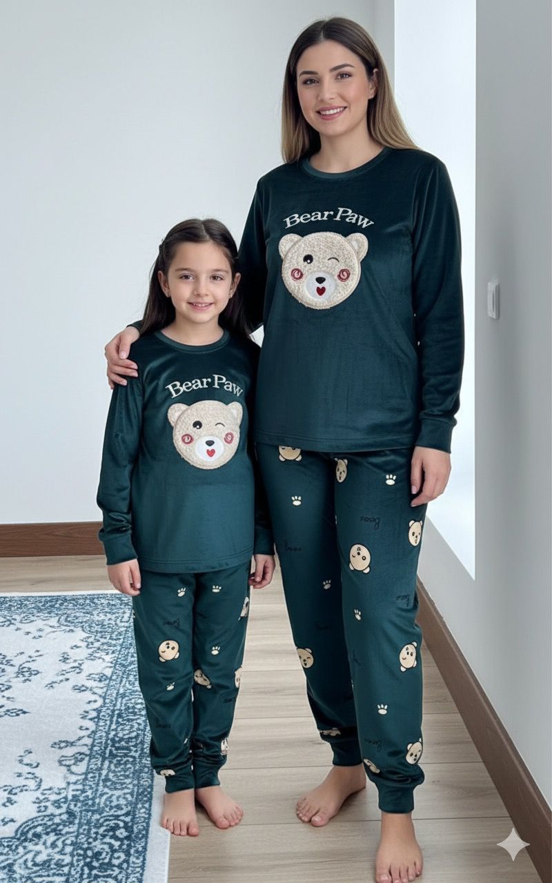 Yeşil Ayıcık Nakışlı Kadife Pijama (Kopya)