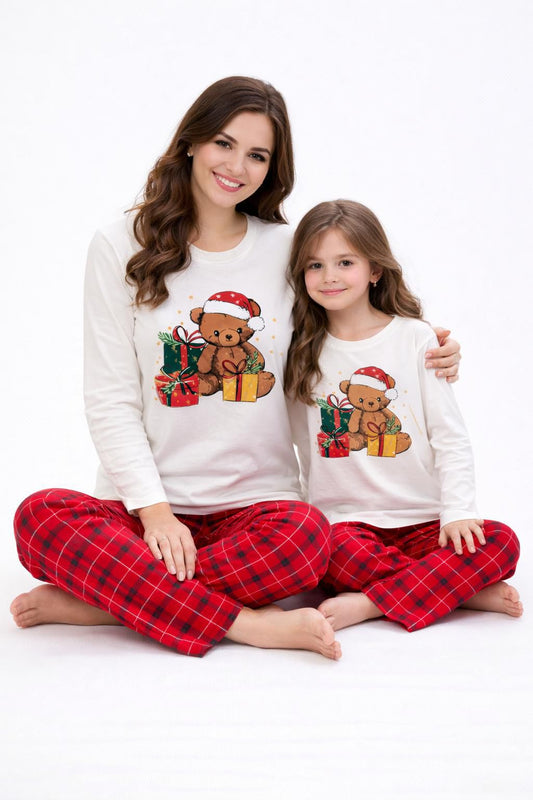 Ayıcıklı Kareli Penye Pijama