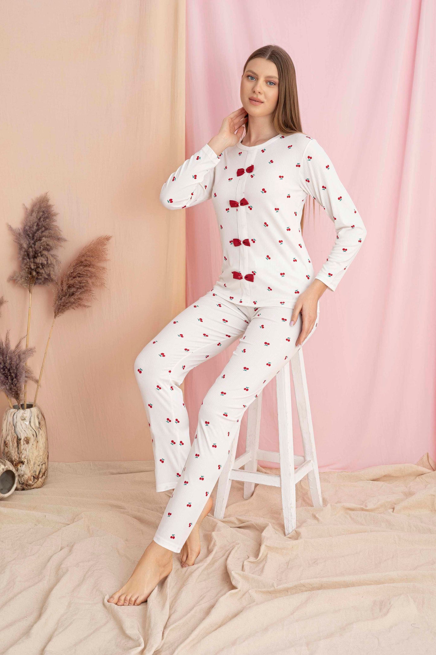 Kiraz Baskılı Anne Kız Kaşkorse Pijama
