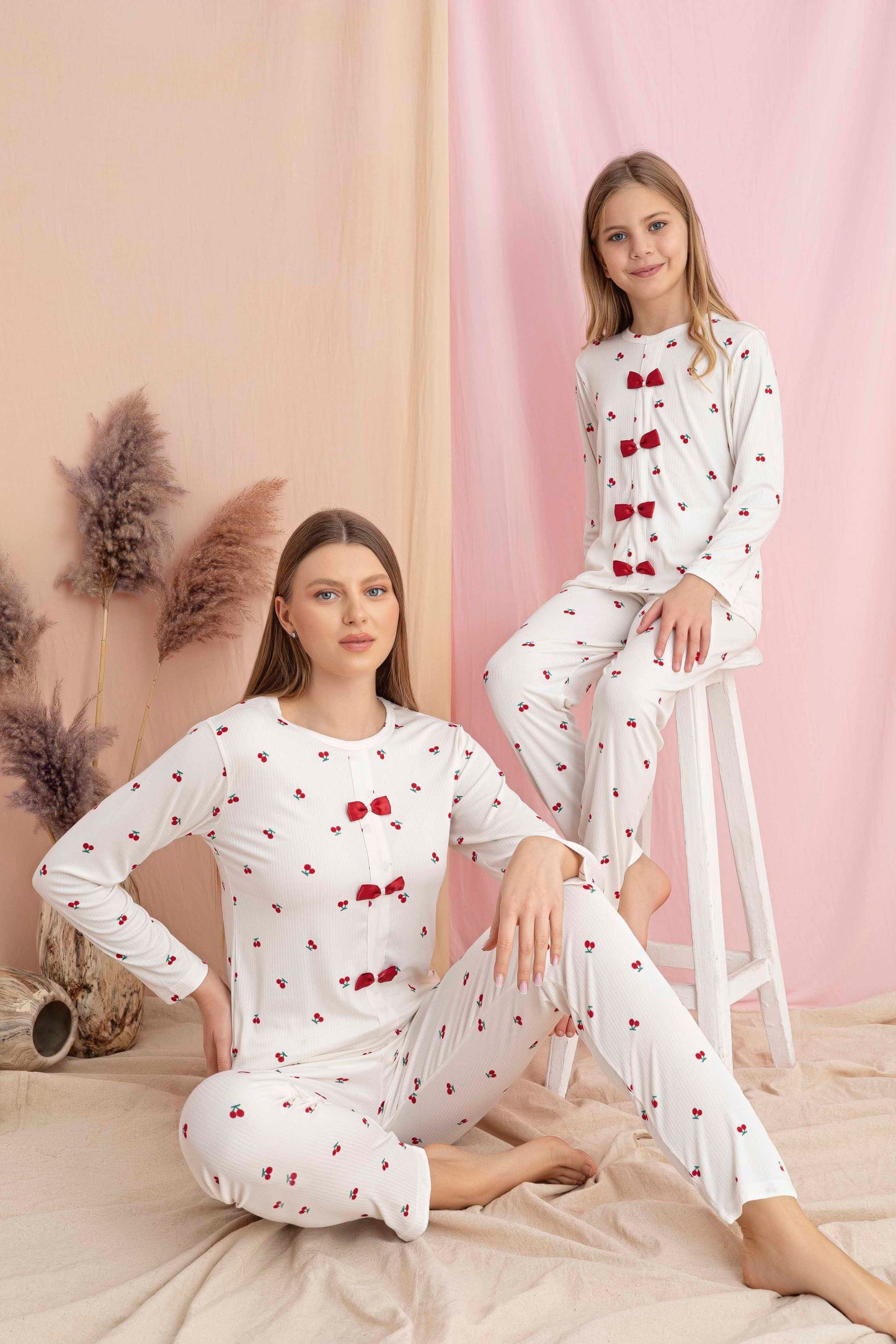 Kiraz Baskılı Anne Kız Kaşkorse Pijama