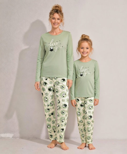 Love You  Yeşil Anne Kız Penye Pijama