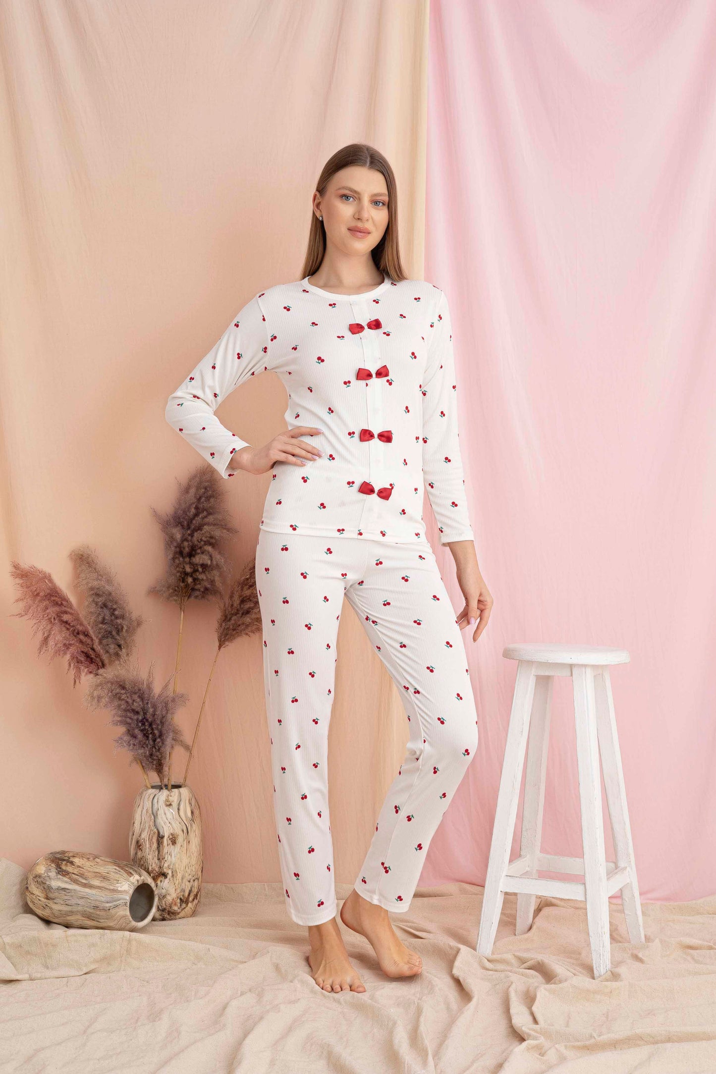 Kiraz Baskılı Anne Kız Kaşkorse Pijama