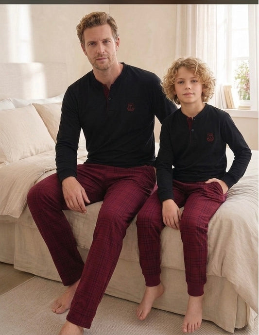Baba Oğul Bordo Ekose Pijama Takımı
