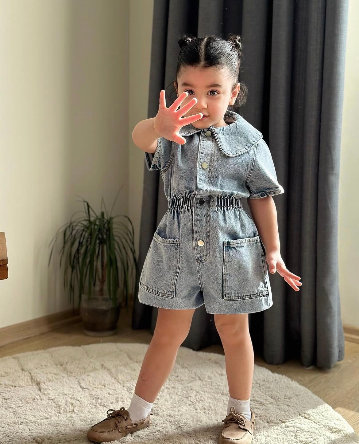 Yaka Taşlı Denim Tulum