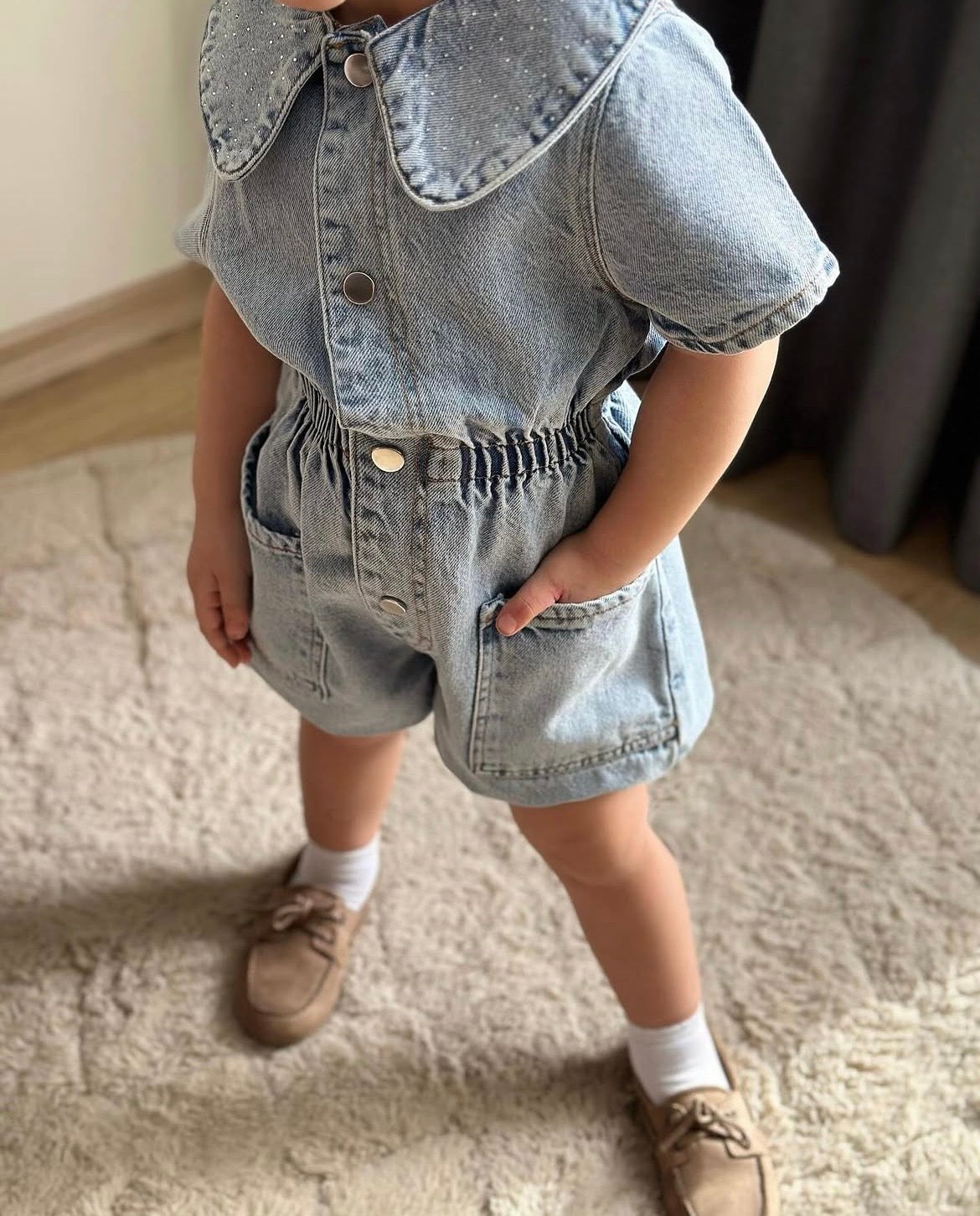 Yaka Taşlı Denim Tulum
