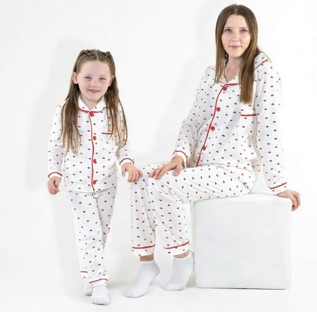 Kalp Desenli pamuk  Anne Kız Pijama