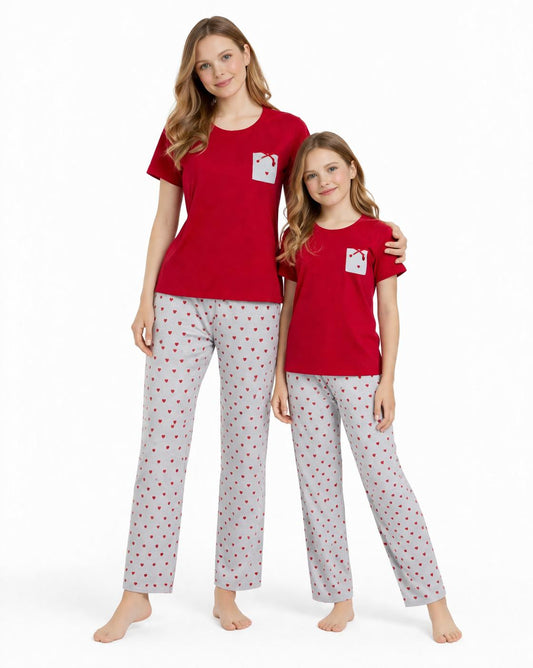 Kalp Serisi Kırmızı Anne & Kız Pijama