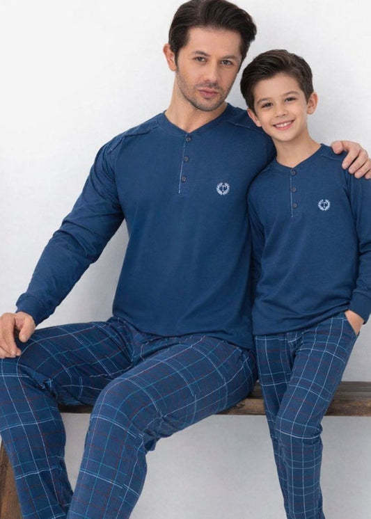 Baba Oğul İndigo mavi Pijama Takımı