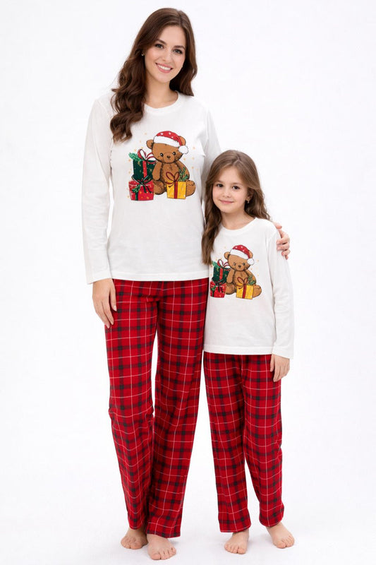 Ayıcıklı Kareli Penye Pijama